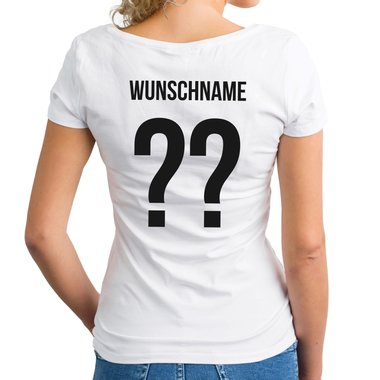 Damen Fuball T-Shirt V-Neck mit Wunschnummer und Wunschnamen weiss-schwarz XXL