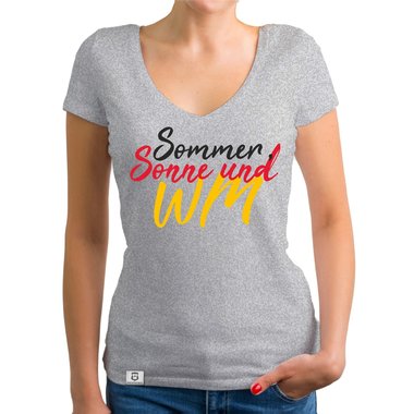 Damen T-Shirt V-Neck - Sommer, Sonne und WM hellgrau XS