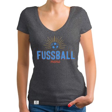 Damen T-Shirt V-Neck - Fu�ball Mama dunkelgrau-gelb XS