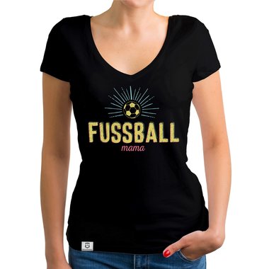 Damen T-Shirt V-Neck - Fu�ball Mama dunkelgrau-gelb XS