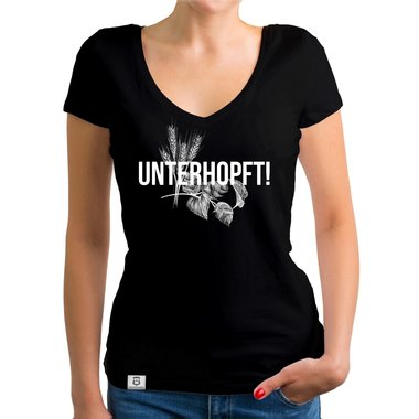 Damen T-Shirt V-Neck - Unterhopft! schwarz-weiss XXL