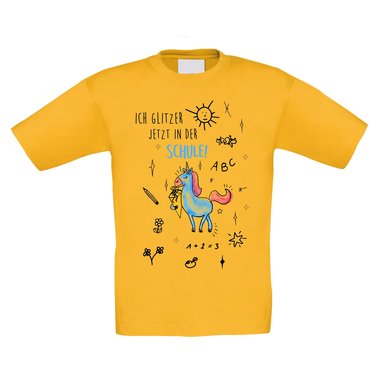 Einschulungs Kinder T-Shirt - Ich glitzer jetzt in der Schule gelb-bunt 110-116
