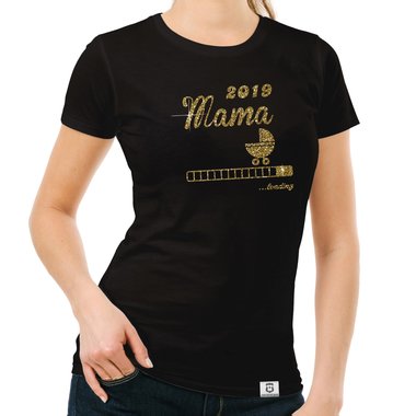 Damen Glitzer T-Shirt - Mama loading 2019 dunkelblau-goldglitzer S