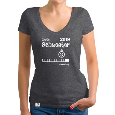 Damen T-Shirt V-Ausschnitt - Groe Schwester 2019 loading dunkelgrau-fuchsia XS