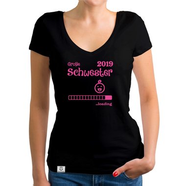 Damen T-Shirt V-Ausschnitt - Gro�e Schwester 2019 loading weiss-schwarz XXL