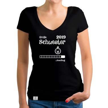 Damen T-Shirt V-Ausschnitt - Gro�e Schwester 2019 loading weiss-schwarz XXL