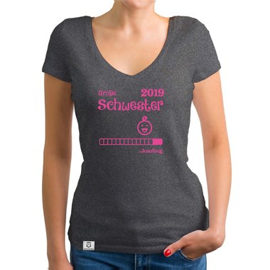 Damen T-Shirt V-Ausschnitt - Gro�e Schwester 2019 loading weiss-schwarz XXL