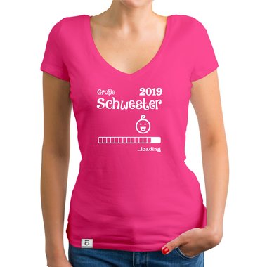 Damen T-Shirt V-Ausschnitt - Gro�e Schwester 2019 loading weiss-schwarz XXL