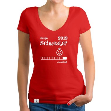 Damen T-Shirt V-Ausschnitt - Gro�e Schwester 2019 loading weiss-schwarz XXL
