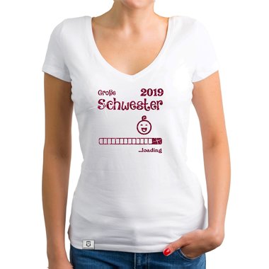 Damen T-Shirt V-Ausschnitt - Glitzer - Große Schwester 2019 loading