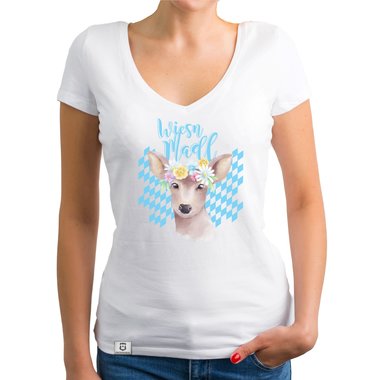 Damen T-Shirt V-Ausschnitt - Wiesn Madl weiss-himmelblau XXL