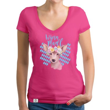 Damen T-Shirt V-Ausschnitt - Wiesn Madl weiss-himmelblau XXL