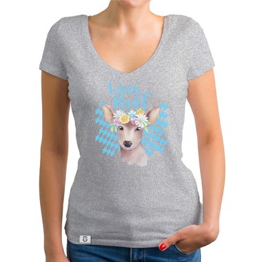 Damen T-Shirt V-Ausschnitt - Wiesn Madl weiss-himmelblau XXL