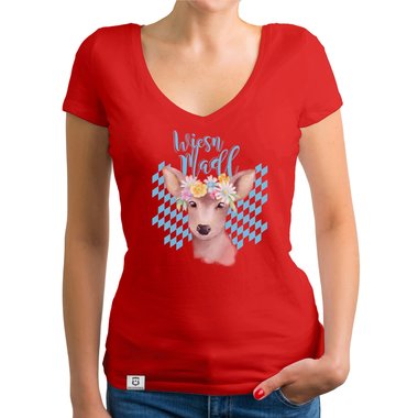 Damen T-Shirt V-Ausschnitt - Wiesn Madl weiss-himmelblau XXL
