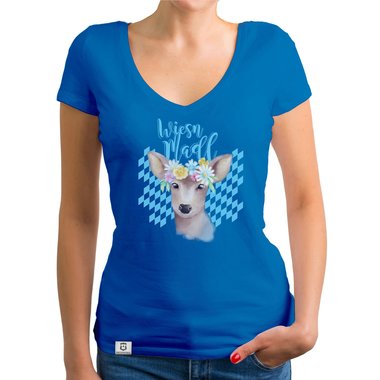 Damen T-Shirt V-Ausschnitt - Wiesn Madl weiss-himmelblau XXL