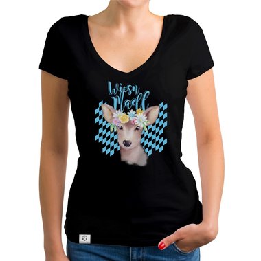 Damen T-Shirt V-Ausschnitt - Wiesn Madl weiss-himmelblau XXL