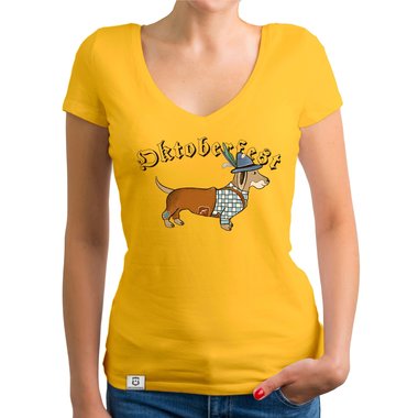 Damen T-Shirt V-Ausschnitt - Oktoberfest Dackel gelb-schwarz XS