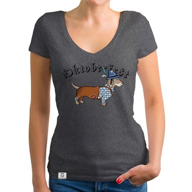 Damen T-Shirt V-Ausschnitt - Oktoberfest Dackel gelb-schwarz XS