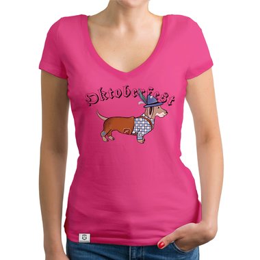 Damen T-Shirt V-Ausschnitt - Oktoberfest Dackel gelb-schwarz XS