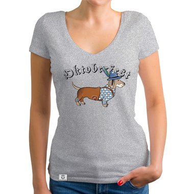 Damen T-Shirt V-Ausschnitt - Oktoberfest Dackel gelb-schwarz XS