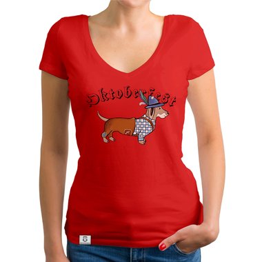 Damen T-Shirt V-Ausschnitt - Oktoberfest Dackel gelb-schwarz XS