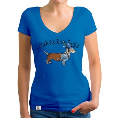 Damen T-Shirt V-Ausschnitt - Oktoberfest Dackel gelb-schwarz XS