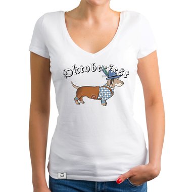Damen T-Shirt V-Ausschnitt - Oktoberfest Dackel gelb-schwarz XS