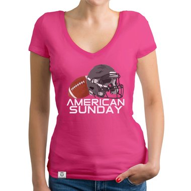 Damen T-Shirt V-Ausschnitt - American Sunday fuchsia-weiss XS