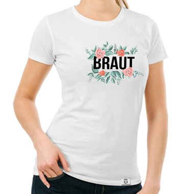 Damen T-Shirt - Braut mit Blumenrahmen weiss-goldglitzer XS