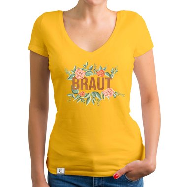 Damen T-Shirt V-Ausschnitt - Braut mit Blumenrahmen