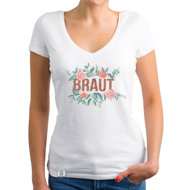 Damen T-Shirt V-Ausschnitt - Braut mit Blumenrahmen