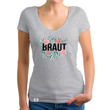 Damen T-Shirt V-Ausschnitt - Braut mit Blumenrahmen