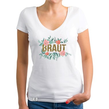 Damen T-Shirt V-Ausschnitt - Braut mit Blumenrahmen