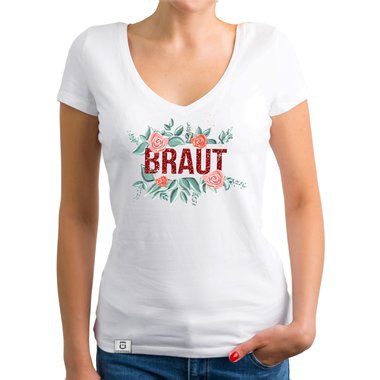 Damen T-Shirt V-Ausschnitt - Braut mit Blumenrahmen