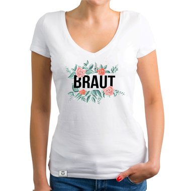 Damen T-Shirt V-Ausschnitt - Braut mit Blumenrahmen