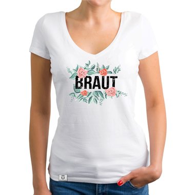 Damen T-Shirt V-Ausschnitt - Braut mit Blumenrahmen