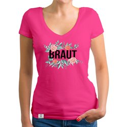 Damen T-Shirt V-Ausschnitt - Braut mit Blumenrahmen