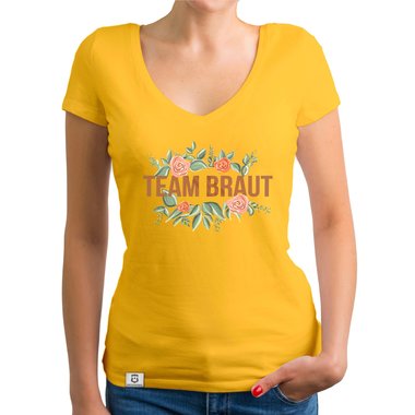 Damen T-Shirt V-Ausschnitt - Team Braut mit Blumenrahmen