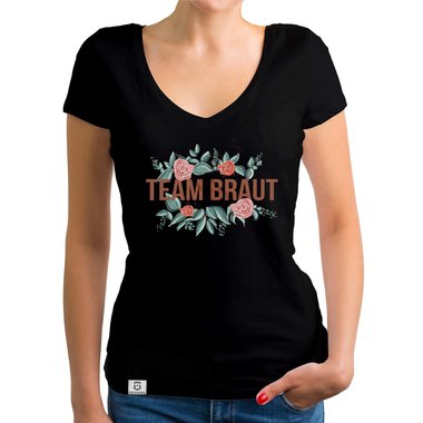 Damen T-Shirt V-Ausschnitt - Team Braut mit Blumenrahmen