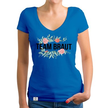 Damen T-Shirt V-Ausschnitt - Team Braut mit Blumenrahmen royalblau-schwarz XXL