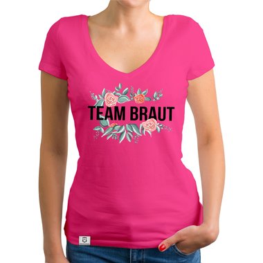 Damen T-Shirt V-Ausschnitt - Team Braut mit Blumenrahmen royalblau-schwarz XXL
