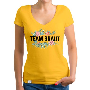 Damen T-Shirt V-Ausschnitt - Team Braut mit Blumenrahmen royalblau-schwarz XXL