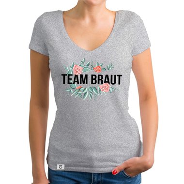 Damen T-Shirt V-Ausschnitt - Team Braut mit Blumenrahmen royalblau-schwarz XXL