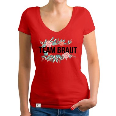 Damen T-Shirt V-Ausschnitt - Team Braut mit Blumenrahmen royalblau-schwarz XXL