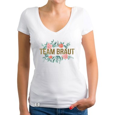 Damen T-Shirt V-Ausschnitt - Team Braut mit Blumenrahmen royalblau-schwarz XXL