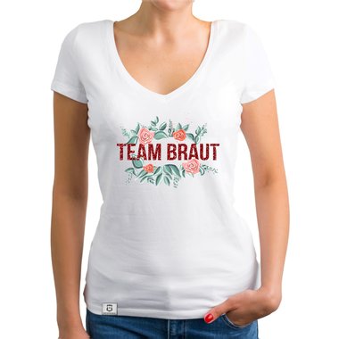 Damen T-Shirt V-Ausschnitt - Team Braut mit Blumenrahmen royalblau-schwarz XXL