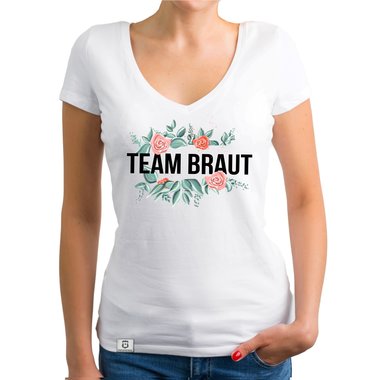 Damen T-Shirt V-Ausschnitt - Team Braut mit Blumenrahmen royalblau-schwarz XXL