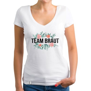 Damen T-Shirt V-Ausschnitt - Team Braut mit Blumenrahmen royalblau-schwarz XXL