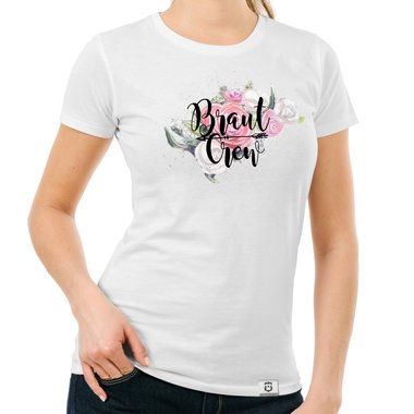 Damen T-Shirt - Braut Crew auf Blumen fuchsia-schwarz XS