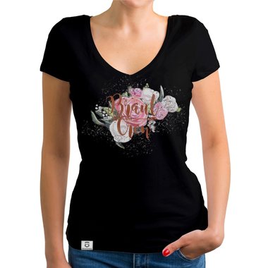 Damen T-Shirt V-Ausschnitt - Braut Crew auf Blumen